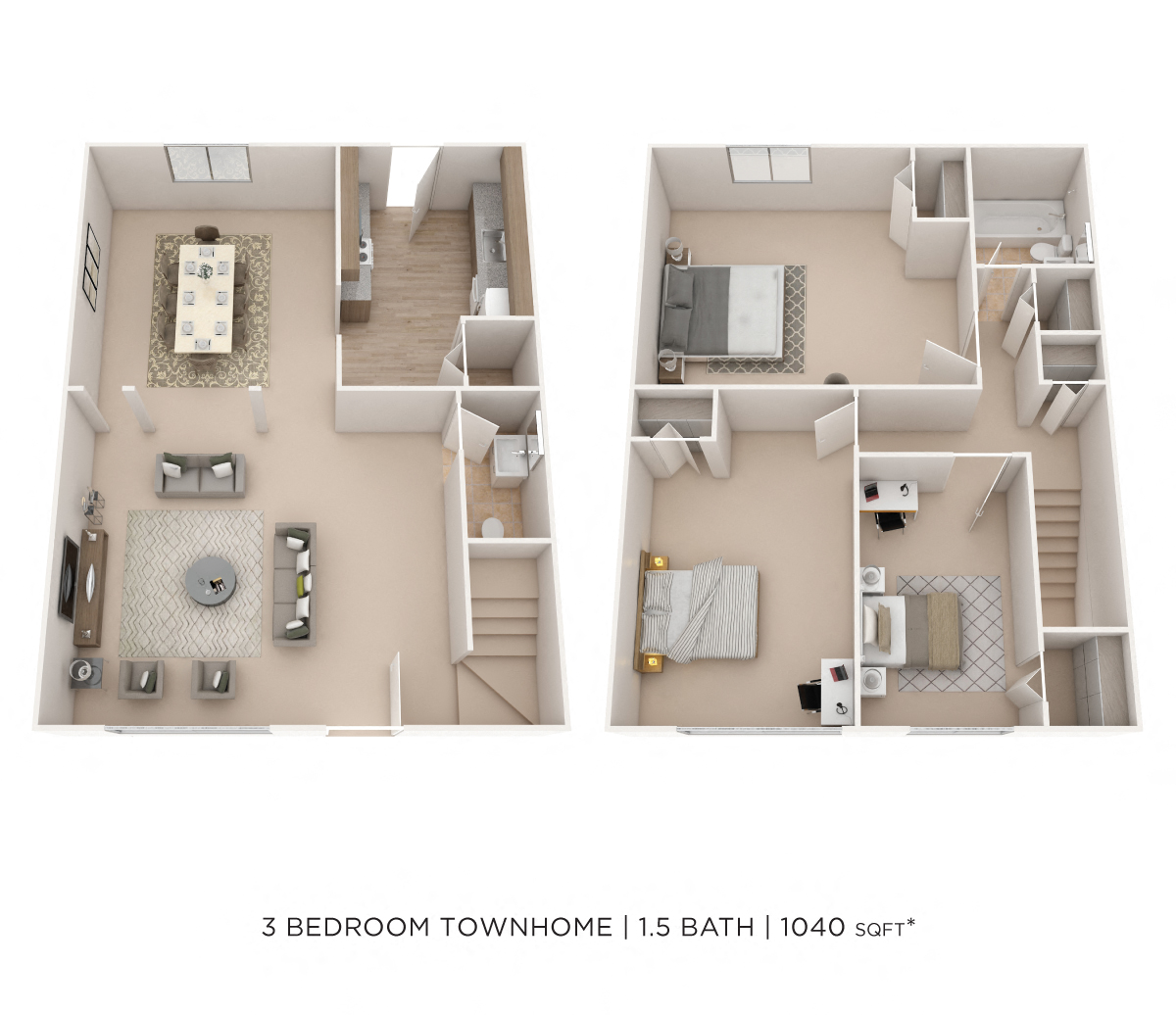 Floor plan for 3 beds, 1.5 baths, 1040 sqft