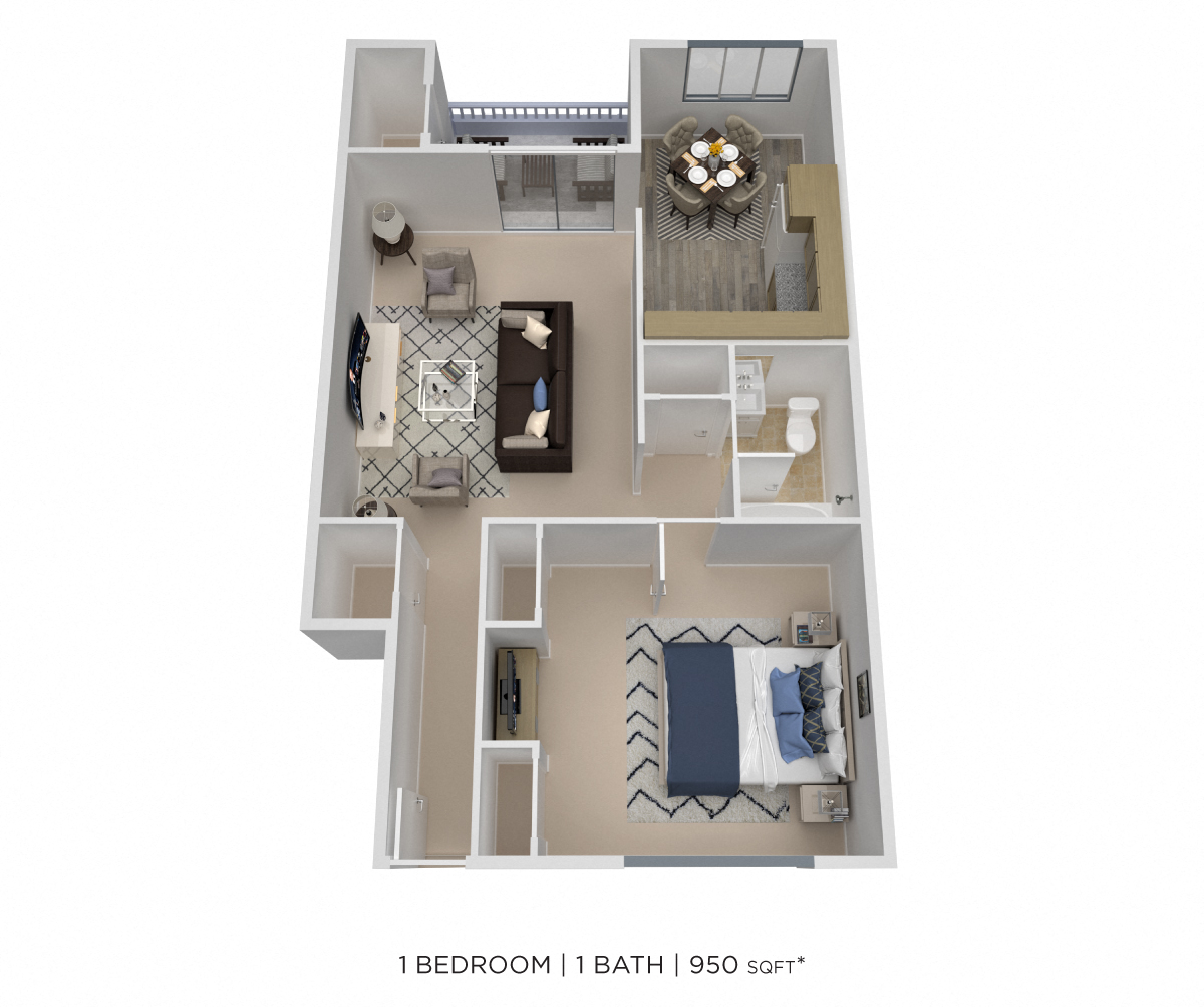 Floor plan for 1 bed, 1 bath, 950 sqft