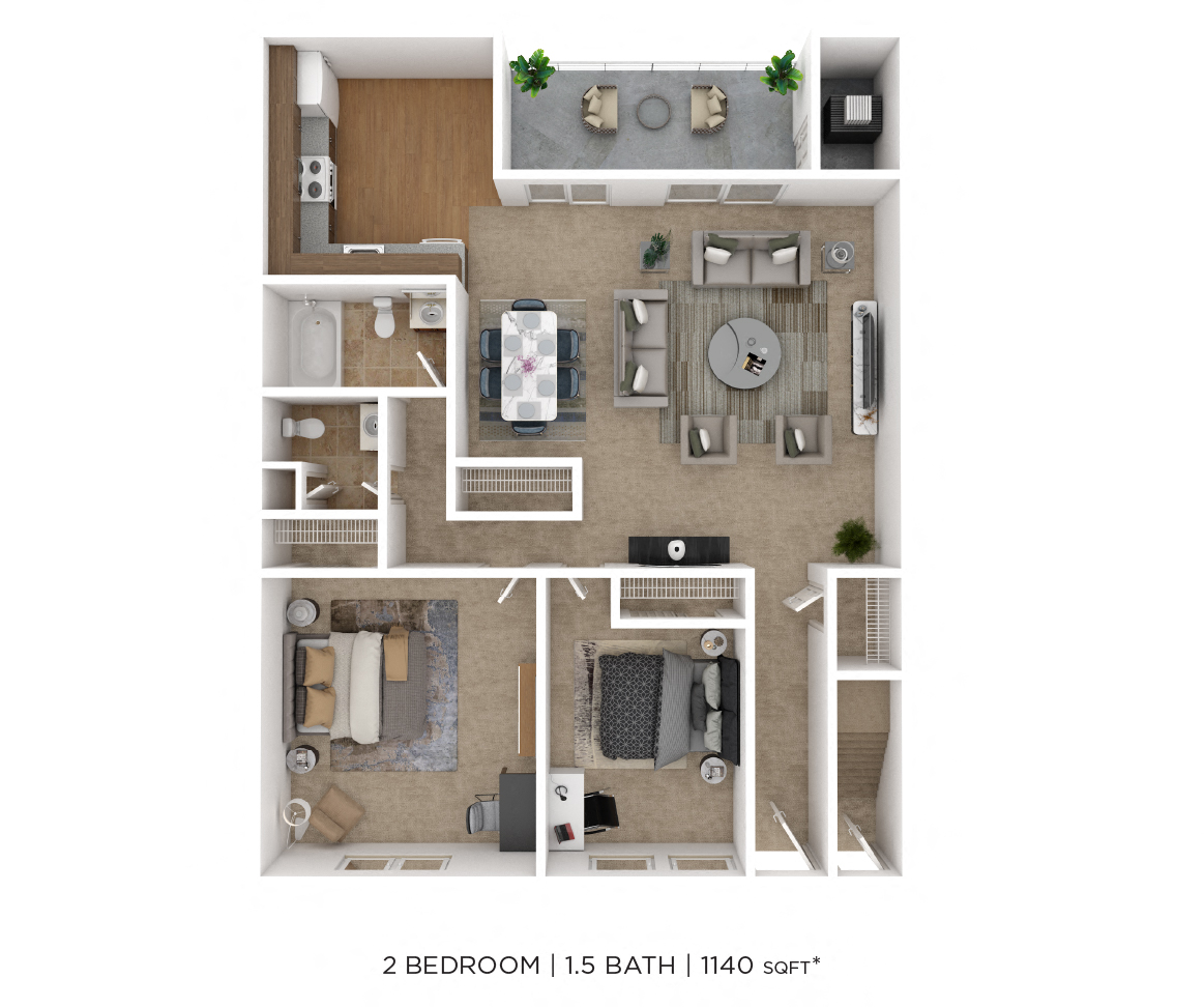 Floor plan for 2 beds, 1.5 baths, 1140 sqft