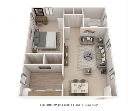 Floor plan for 1 bed, 1 bath, 634 sqft