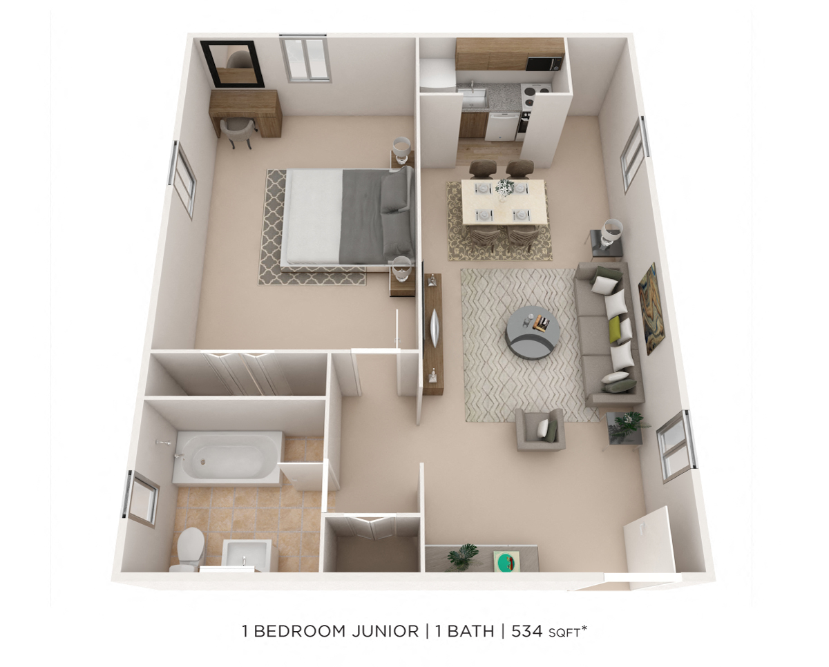Floor plan for 1 bed, 1 bath, 534 sqft