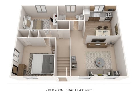 Floor plan for 2 beds, 1 bath, 705 sqft