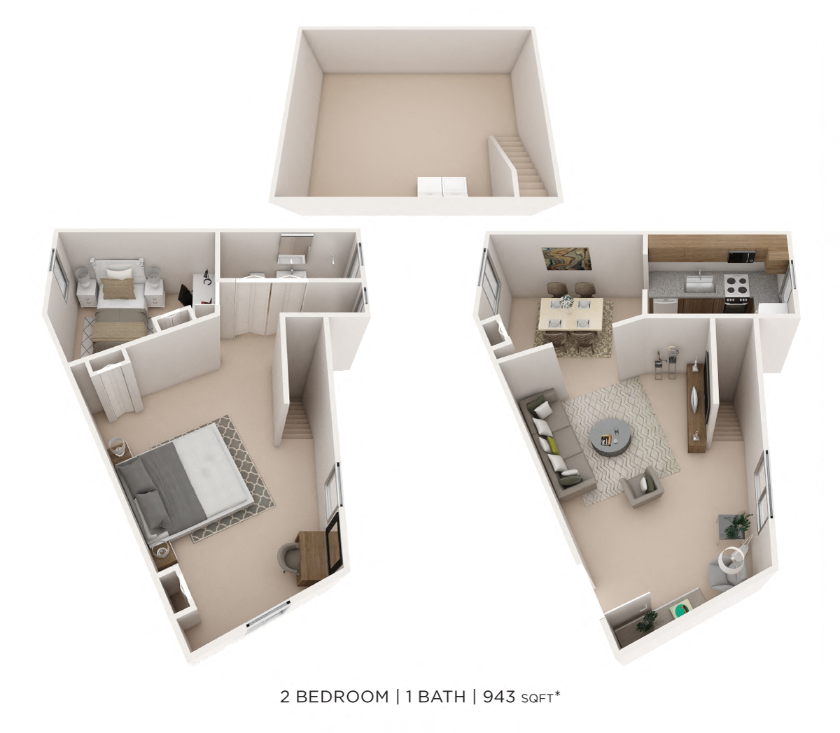 Floor plan for 2 beds, 1 bath, 943 sqft