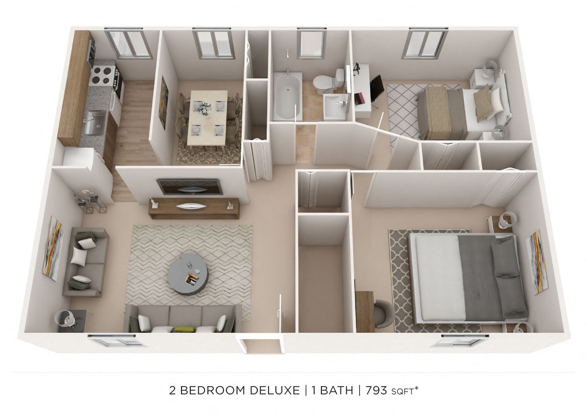 Floor plan for 2 beds, 1 bath, 793 sqft
