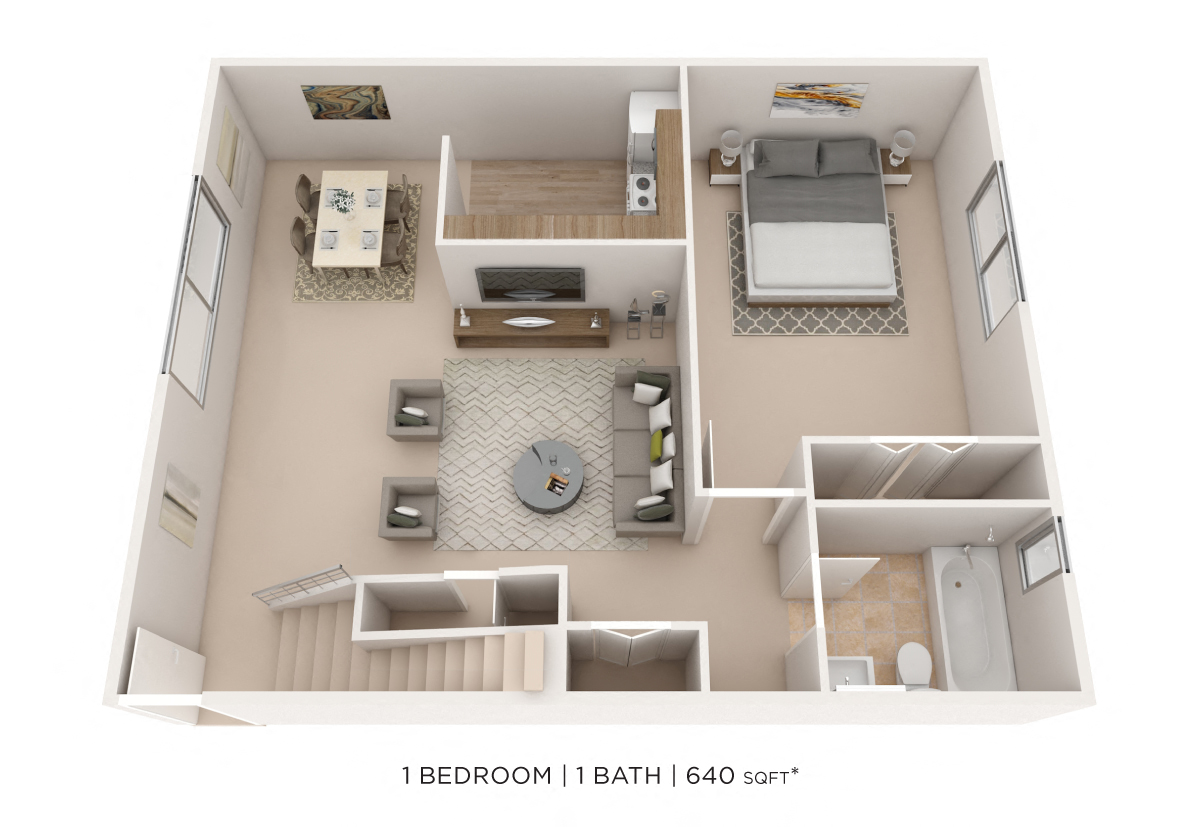 Floor plan for 1 bed, 1 bath, 640 sqft