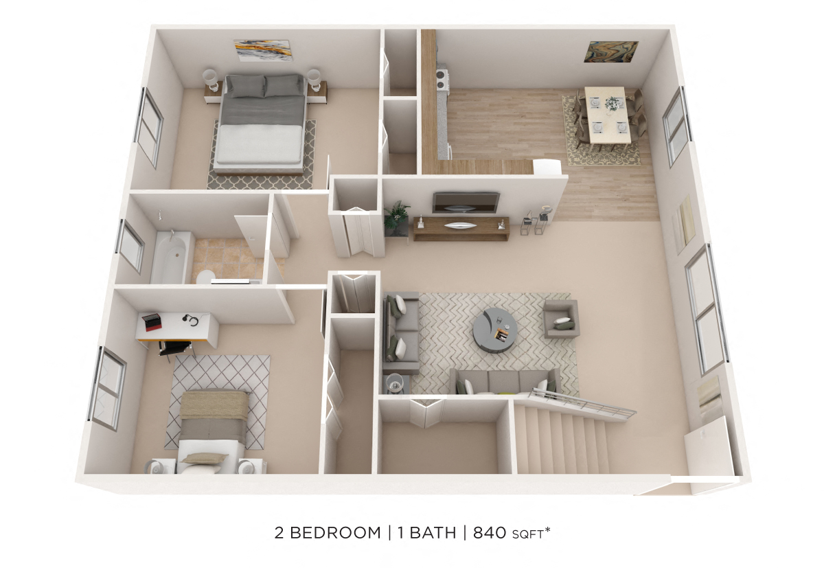 Floor plan for 2 beds, 1 bath, 840 sqft