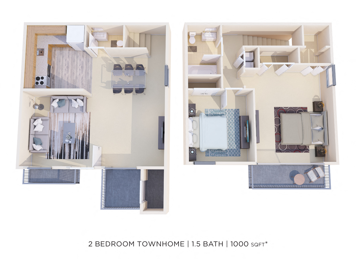 Floor plan for 2 beds, 1.5 baths, 1000 sqft