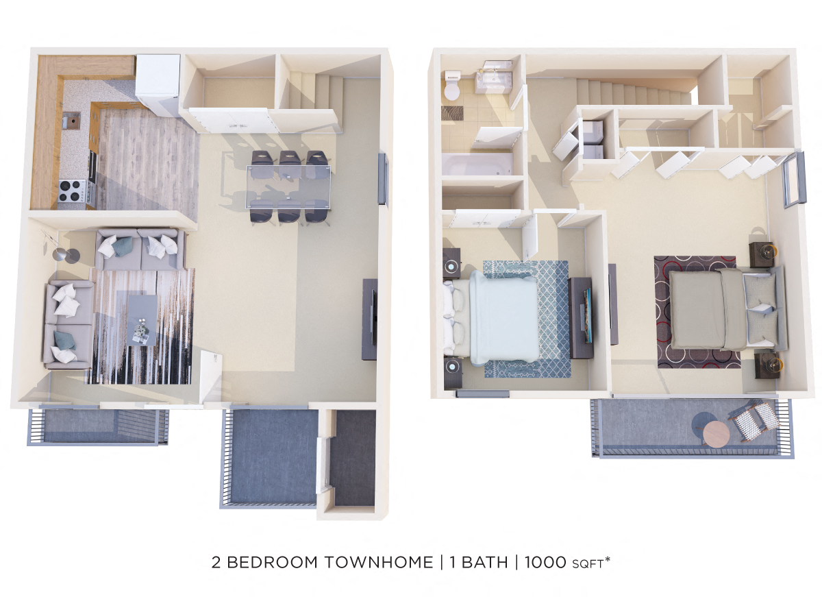 Floor plan for 2 beds, 1 bath, 1000 sqft