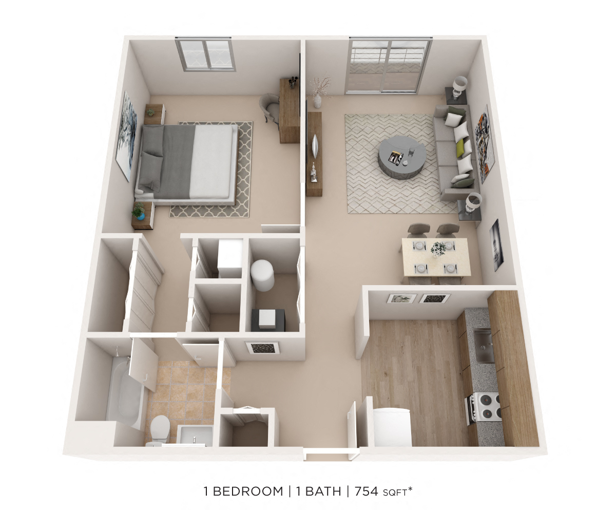 Floor plan for 1 bed, 1 bath, 754 sqft