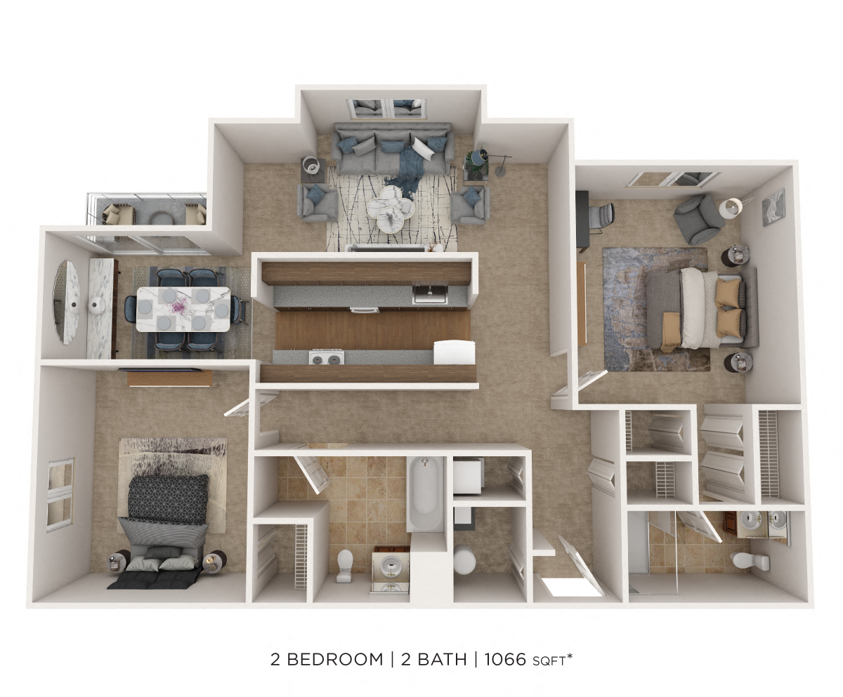 Floor plan for 2 beds, 2 baths, 1066 sqft