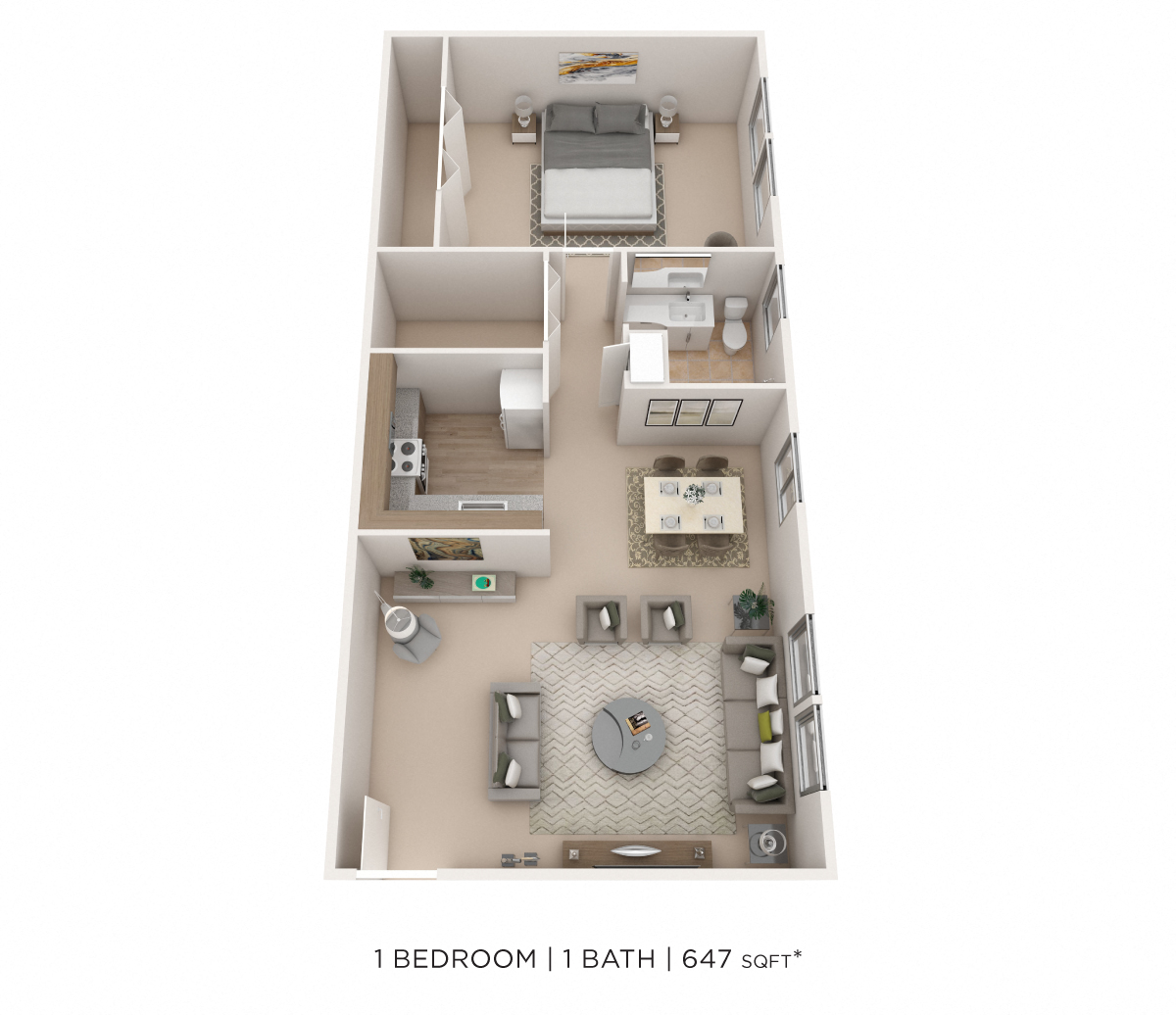 Floor plan for 1 bed, 1 bath, 647 sqft