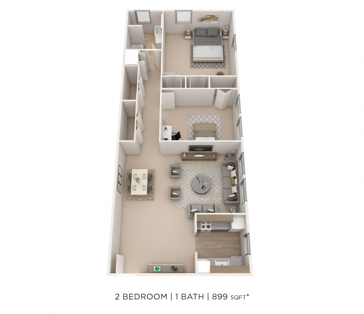 Floor plan for 2 beds, 1 bath, 899 sqft