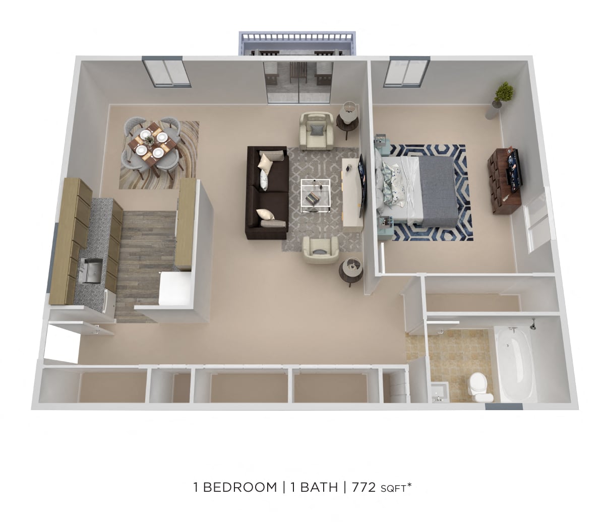 Floor plan for 1 bed, 1 bath, 772 sqft