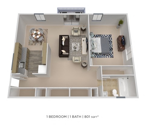 Floor plan for 1 bed, 1 bath, 801 sqft
