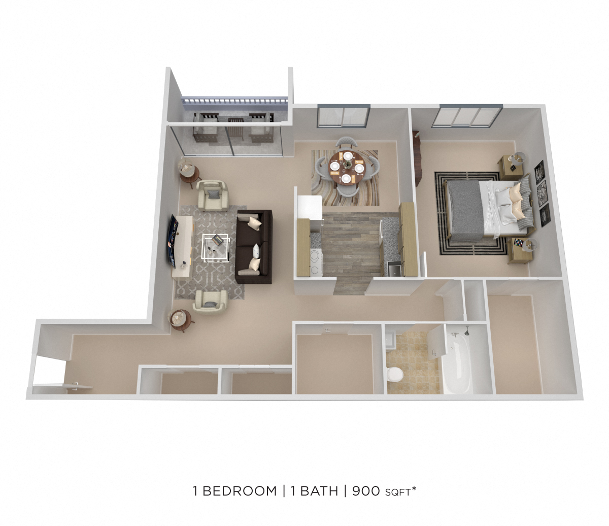 Floor plan for 1 bed, 1 bath, 900 sqft