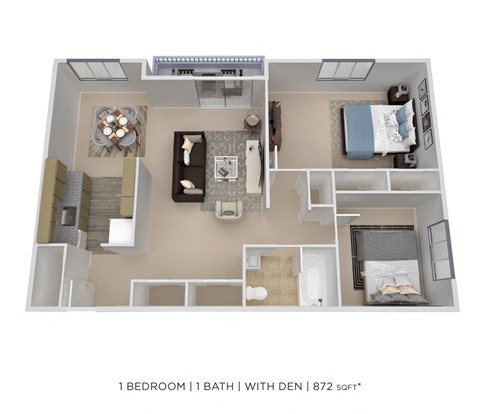 Floor plan for 1 bed, 1 bath, 872 sqft