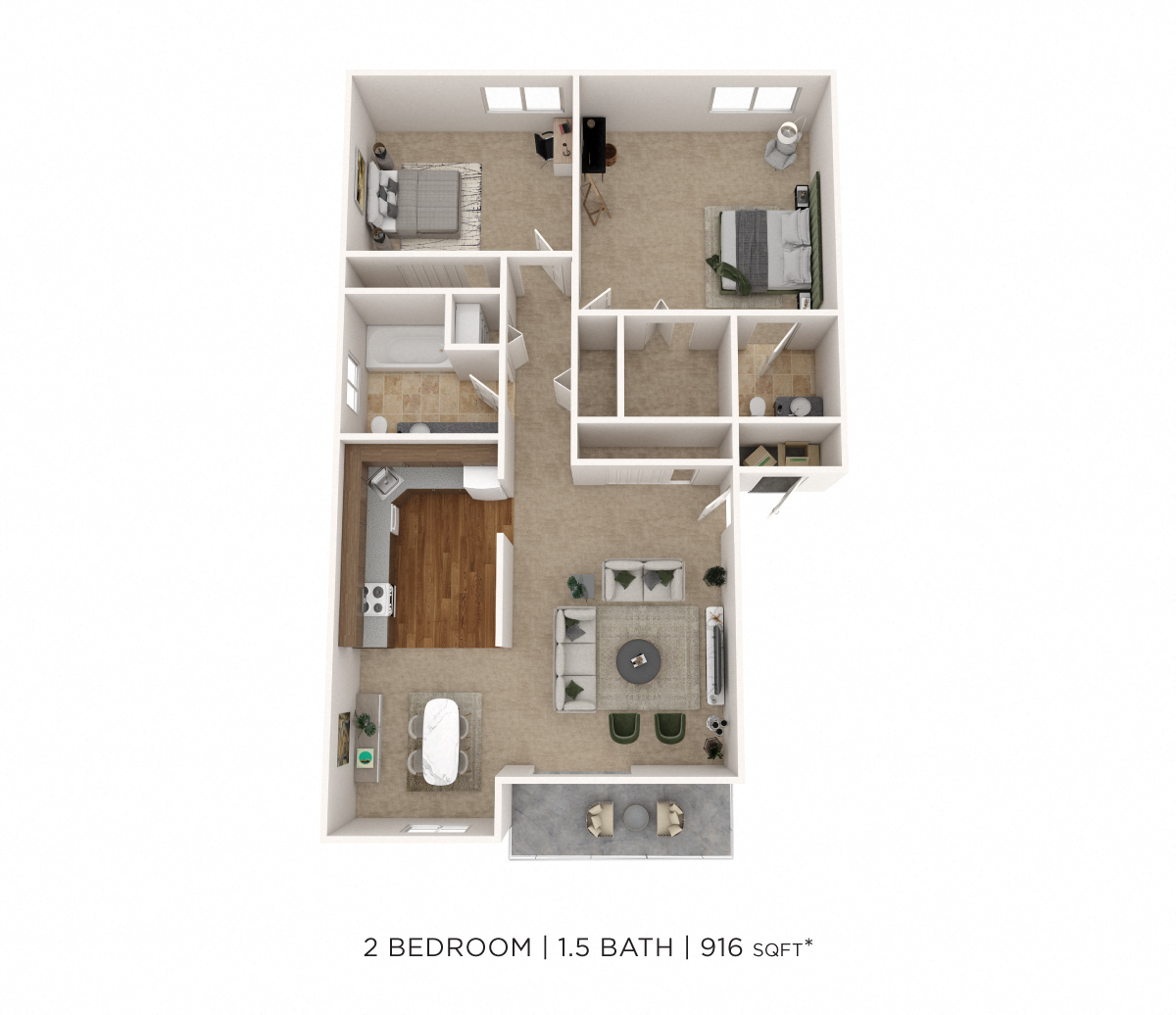 Floor plan for 2 beds, 1 bath, 916 sqft