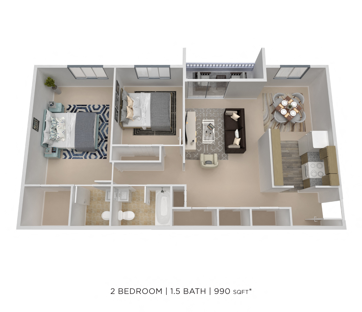 Floor plan for 2 beds, 1.5 baths, 990 sqft