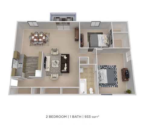 Floor plan for 2 beds, 1 bath, 933 sqft