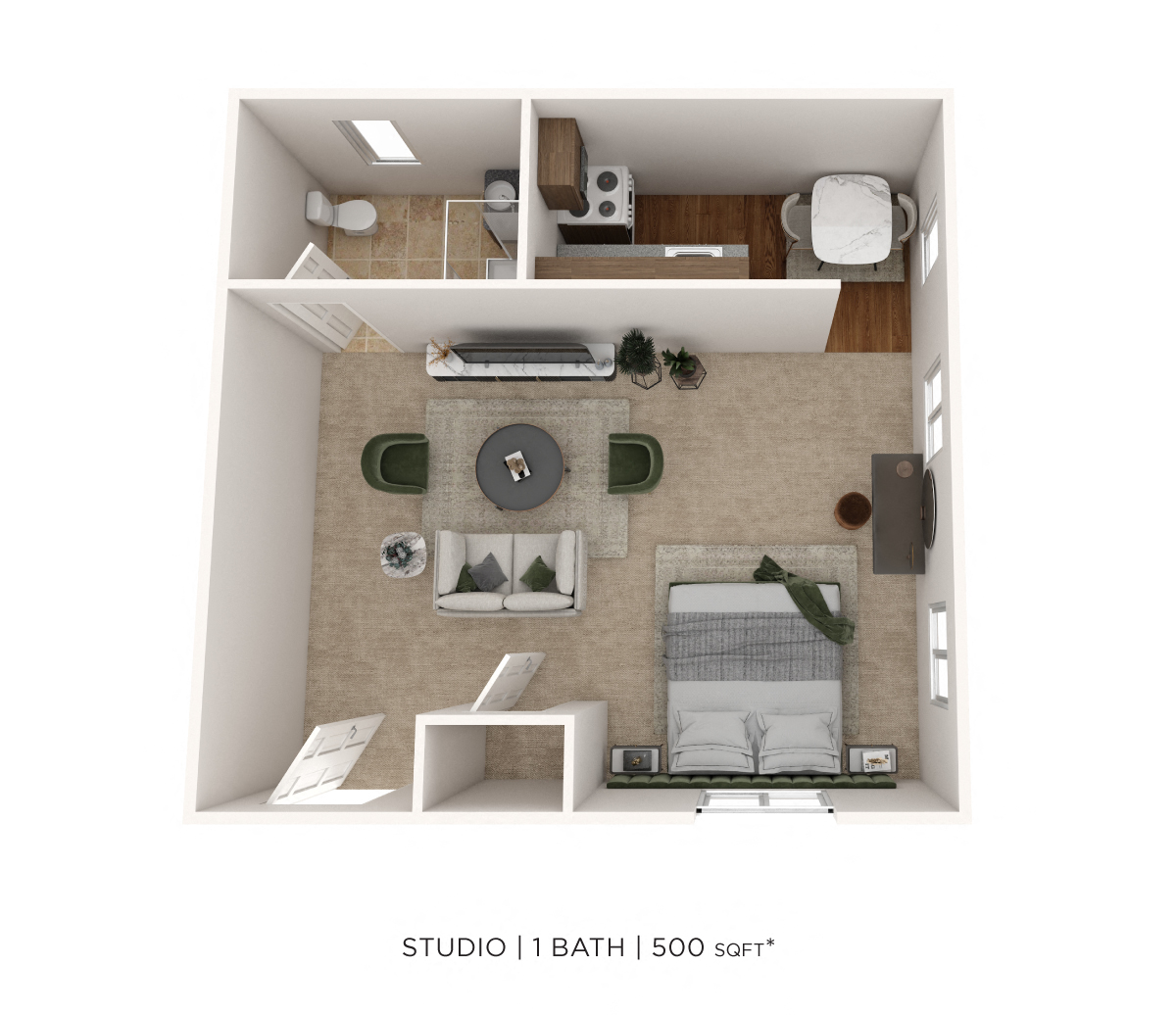 Floor plan for studio, 1 bath, 500 sqft