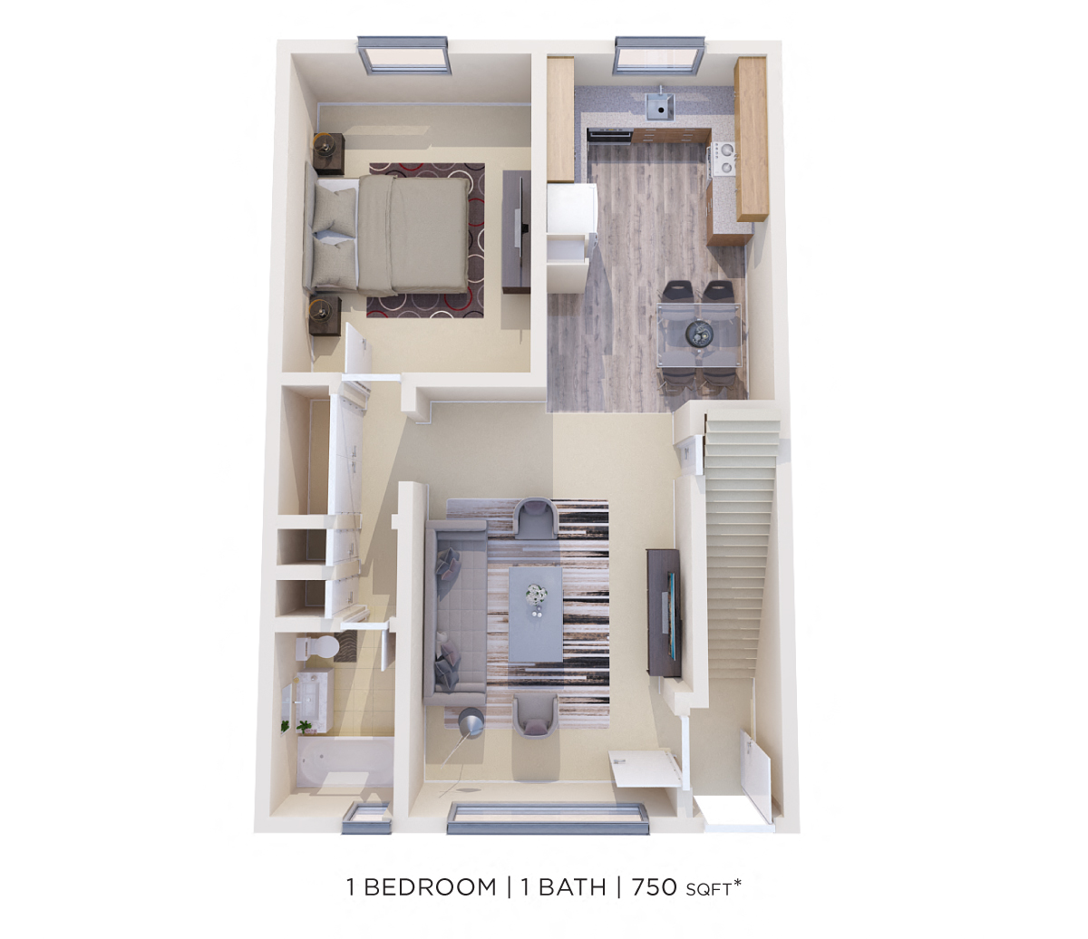 Floor plan for 1 bed, 1 bath, 750 sqft