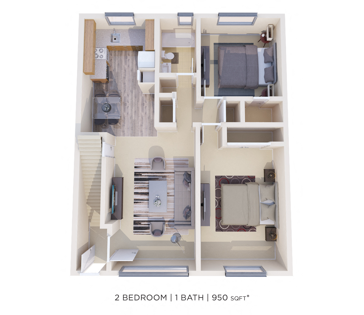 Floor plan for 2 beds, 1 bath, 950 sqft
