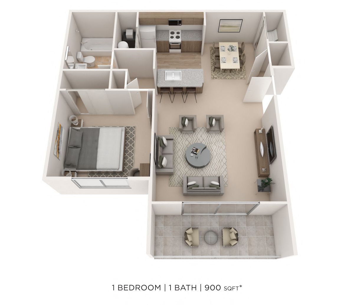 Floor plan for 1 bed, 1 bath, 900 sqft