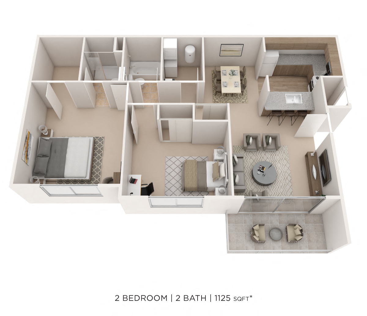 Floor plan for 2 beds, 2 baths, 1125 sqft