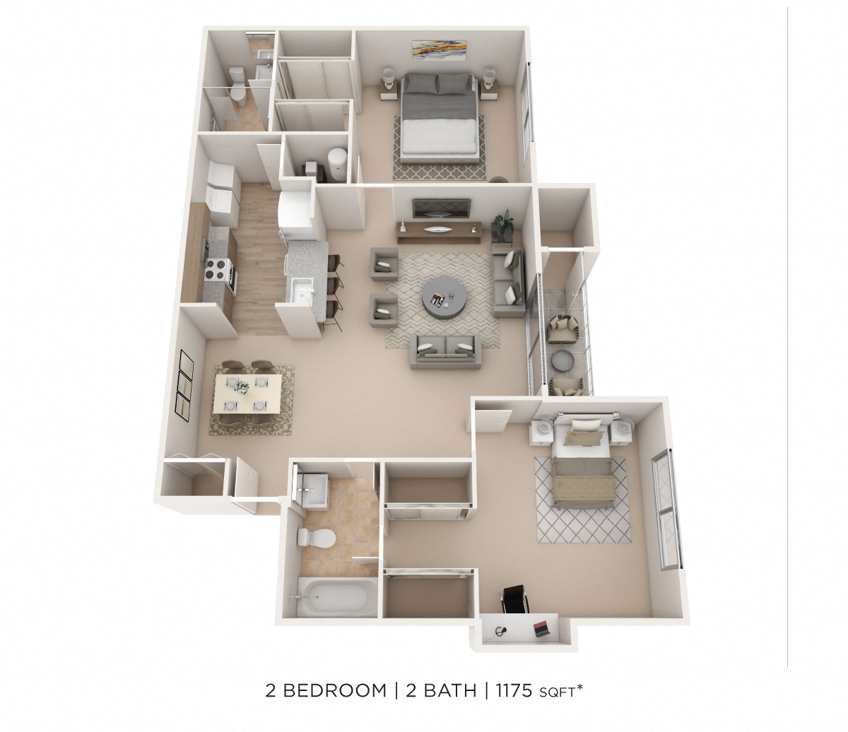 Floor plan for 2 beds, 2 baths, 1175 sqft