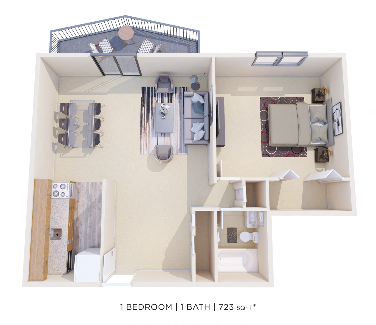 Floor plan for 1 bed, 1 bath, 723 sqft