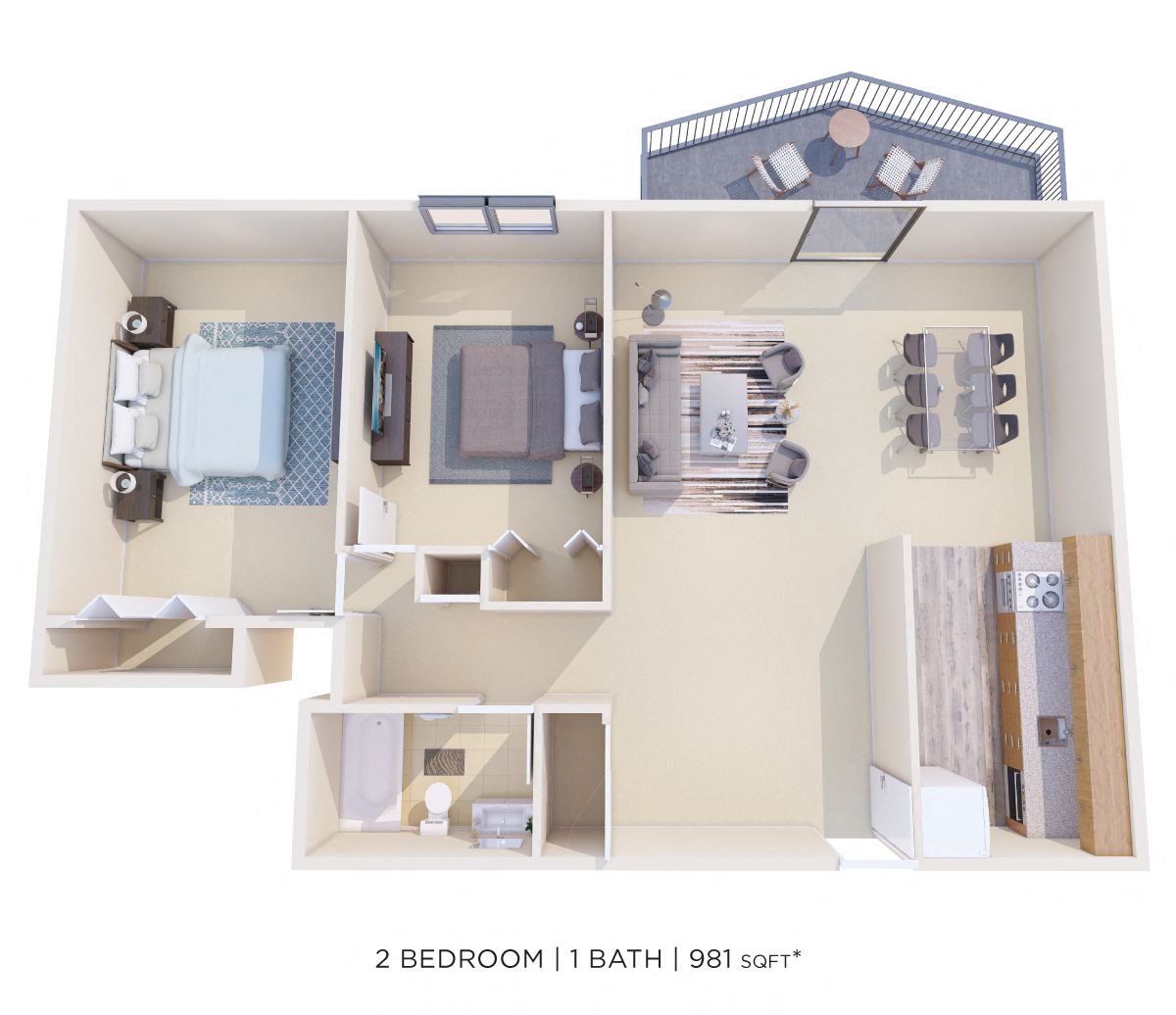 Floor plan for 2 beds, 1 bath, 981 sqft