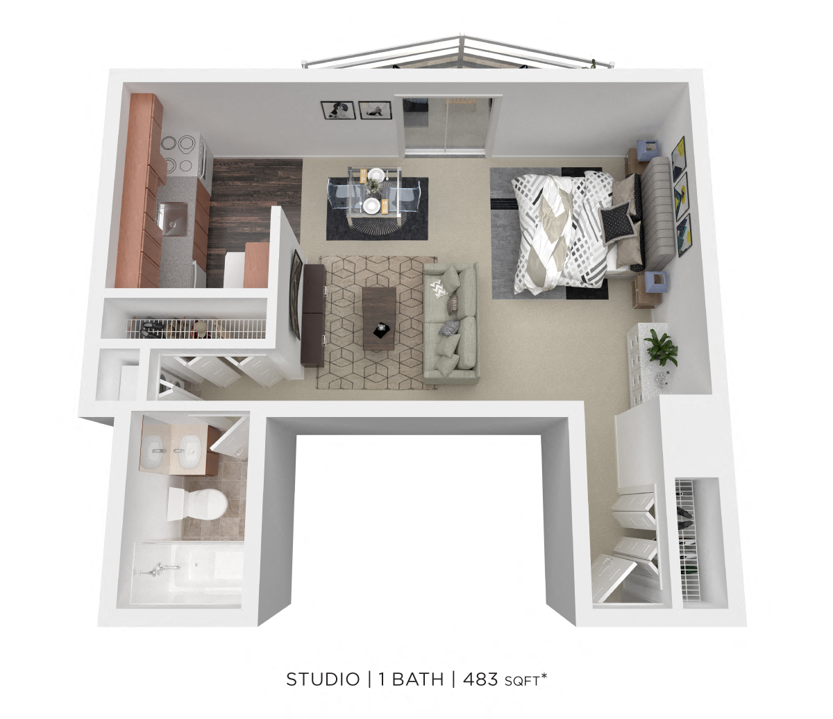 Floor plan for studio, 1 bath, 483 sqft