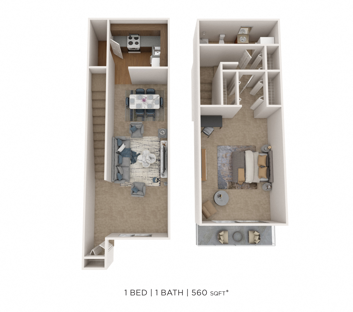 Floor plan for 1 bed, 1 bath, 560 sqft