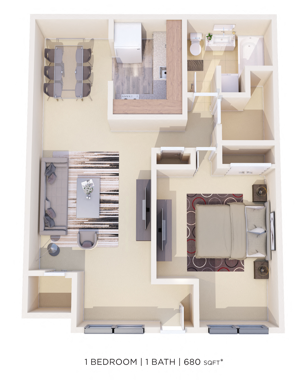 Floor plan for 1 bed, 1 bath, 680 sqft