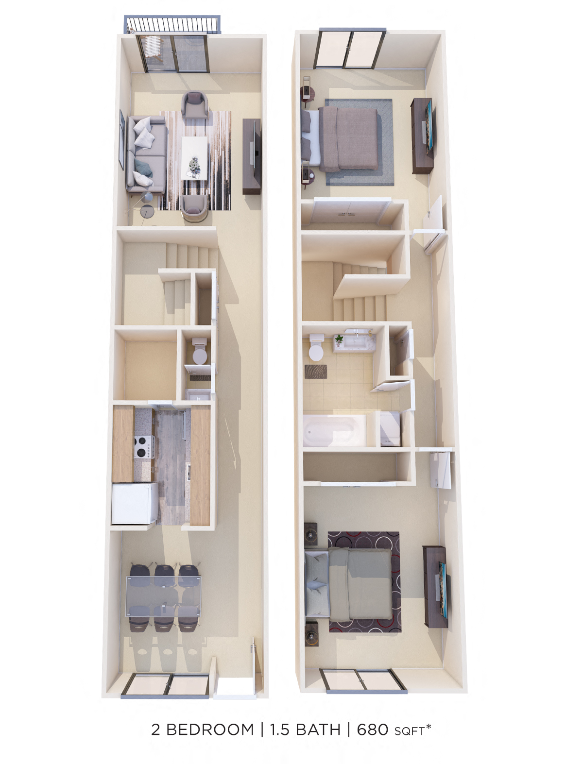 Floor plan for 2 beds, 1.5 baths, 980 sqft