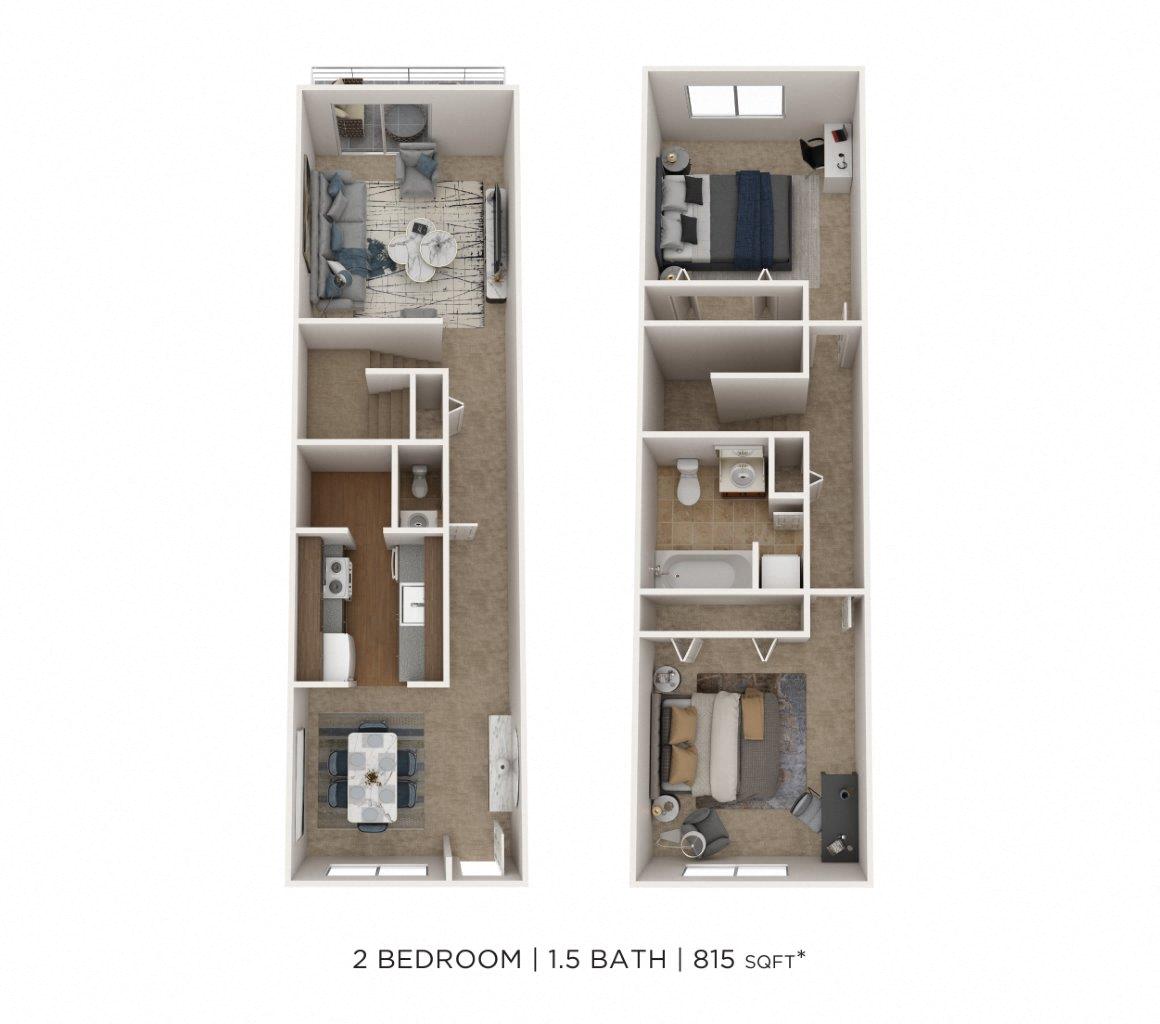 Floor plan for 2 beds, 1.5 baths, 815 sqft