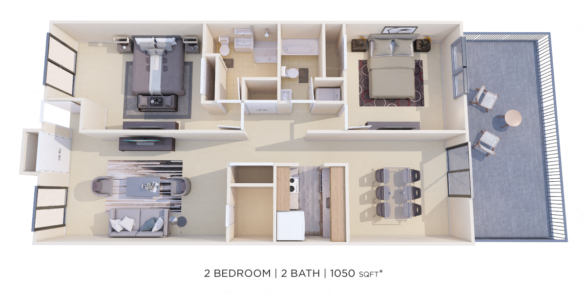 Floor plan for 2 beds, 2 baths, 1050 sqft