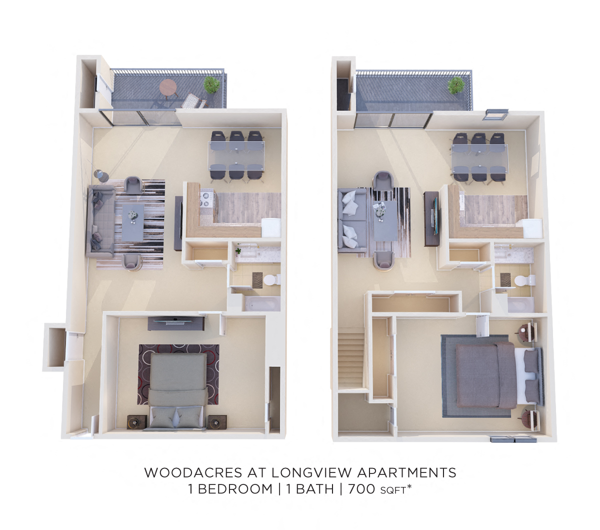 Floor plan for 1 bed, 1 bath, 700 sqft