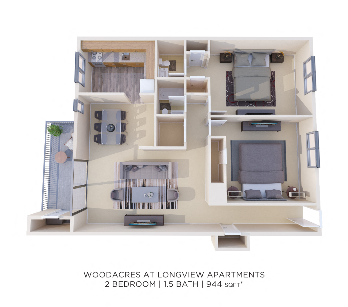 Floor plan for 2 beds, 1.5 baths, 944 sqft