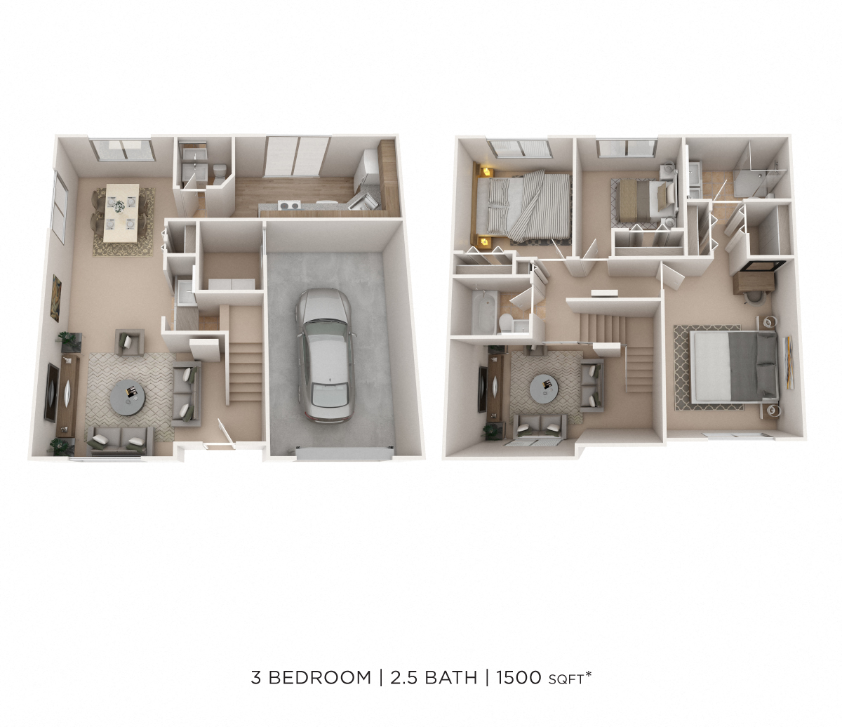 Floor plan for 3 beds, 2.5 baths, 1500 sqft