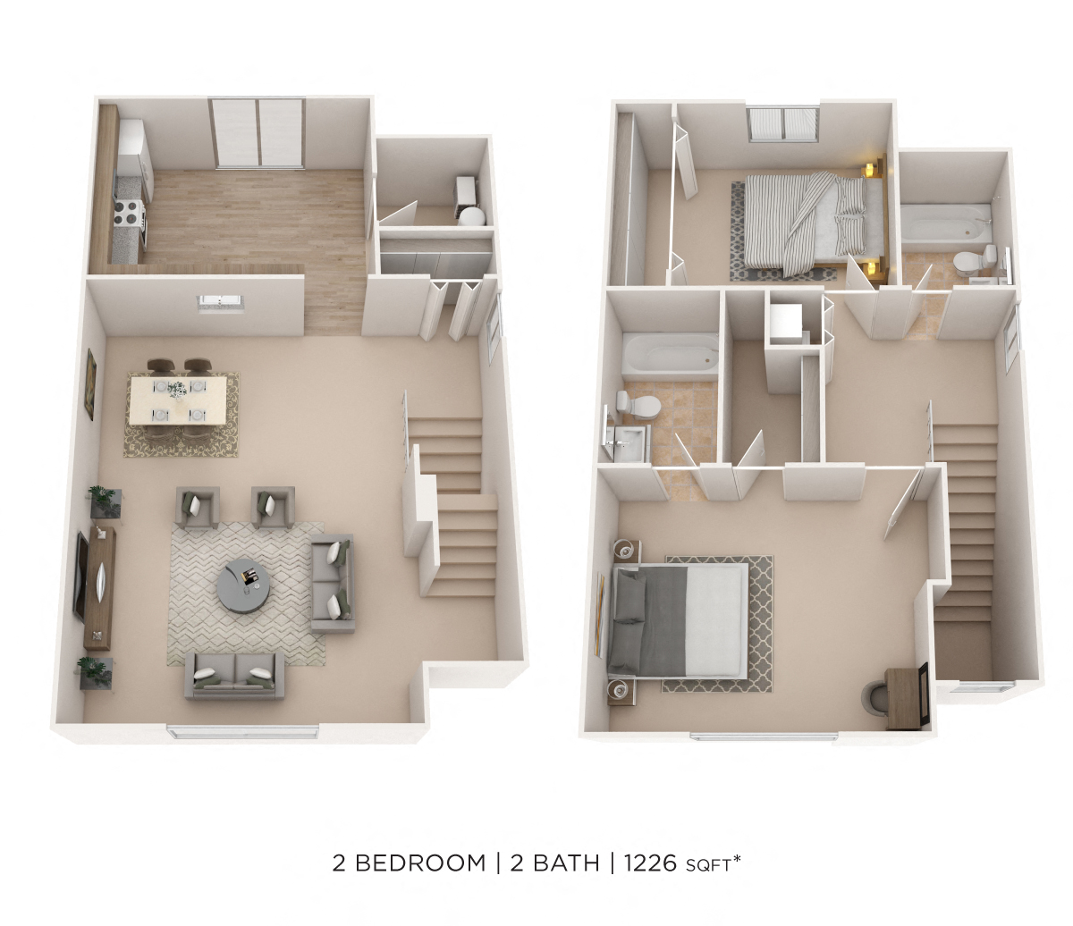 Floor plan for 2 beds, 2 baths, 1226 sqft