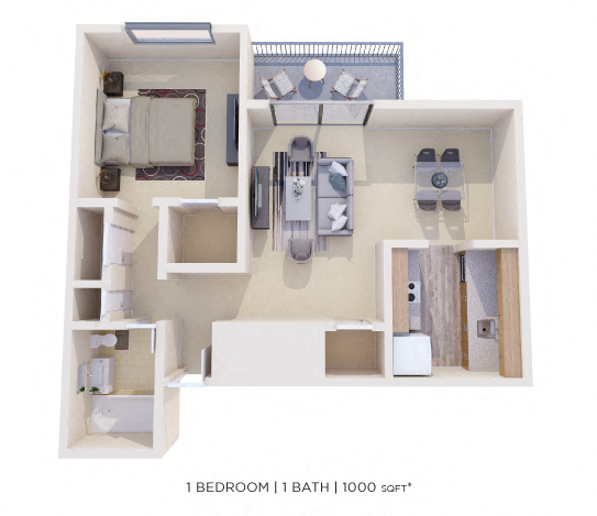 Floor plan for 1 bed, 1 bath, 1000 sqft