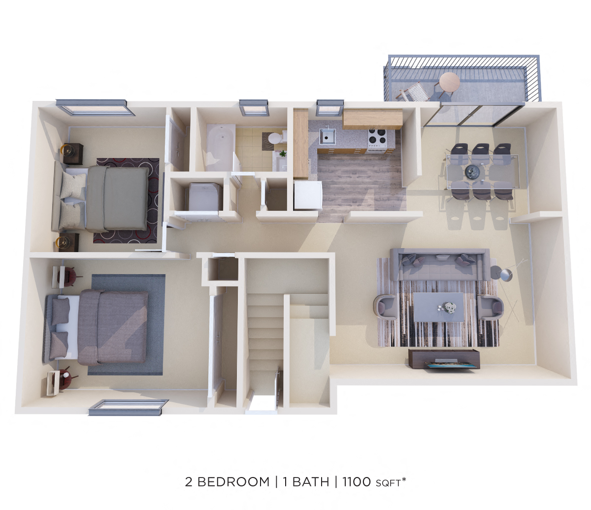 Floor plan for 2 beds, 1 bath, 1100 sqft
