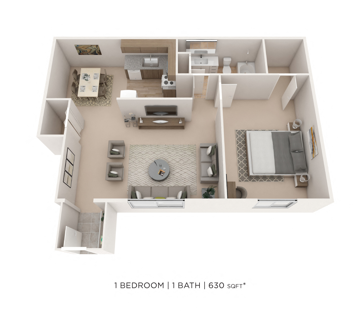 Floor plan for 1 bed, 1 bath, 630 sqft