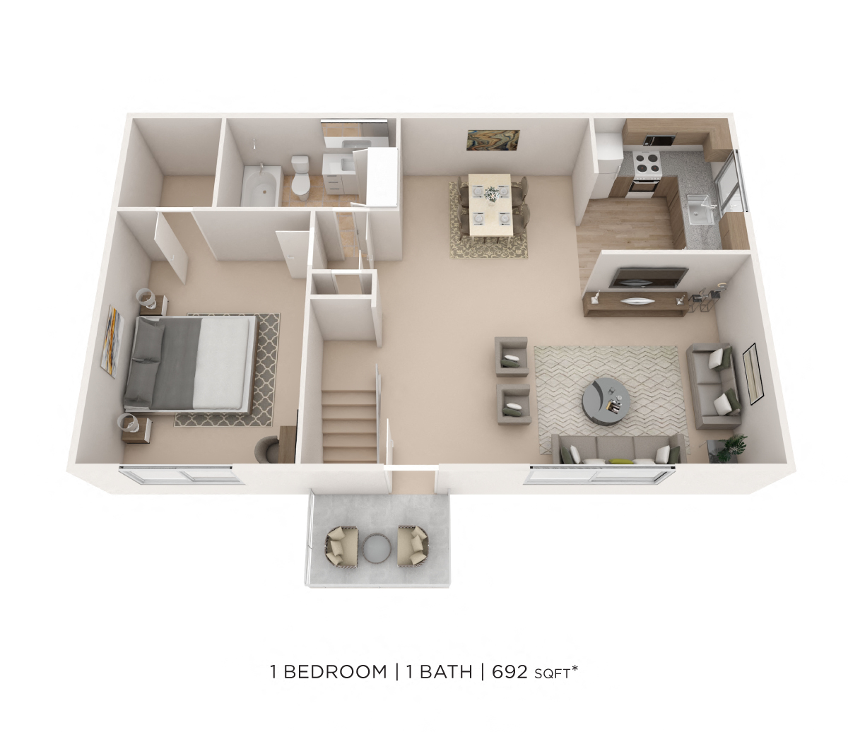 Floor plan for 1 bed, 1 bath, 692 sqft