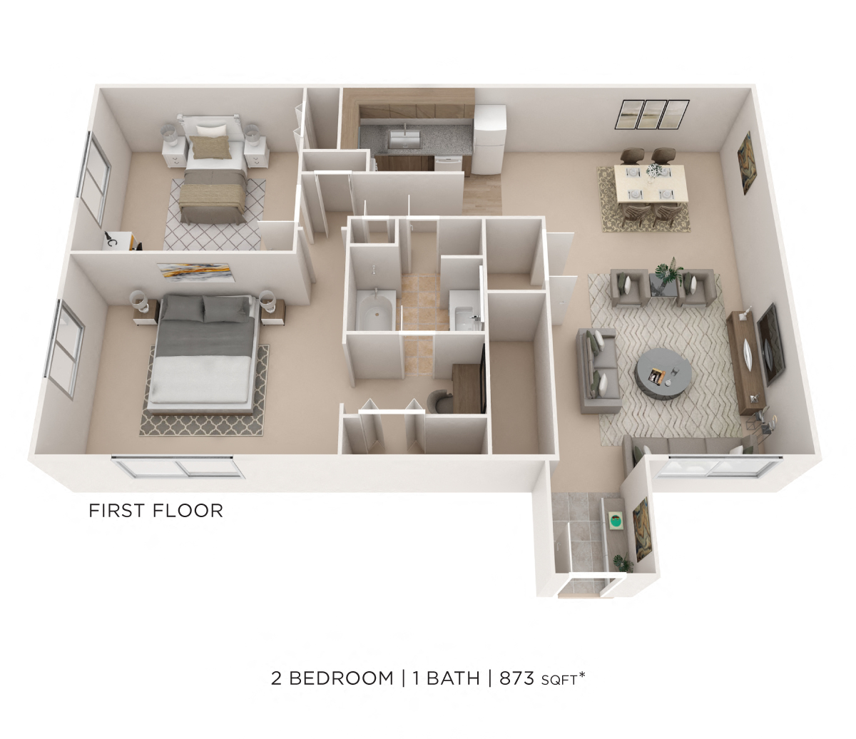 Floor plan for 2 beds, 1 bath, 873 sqft