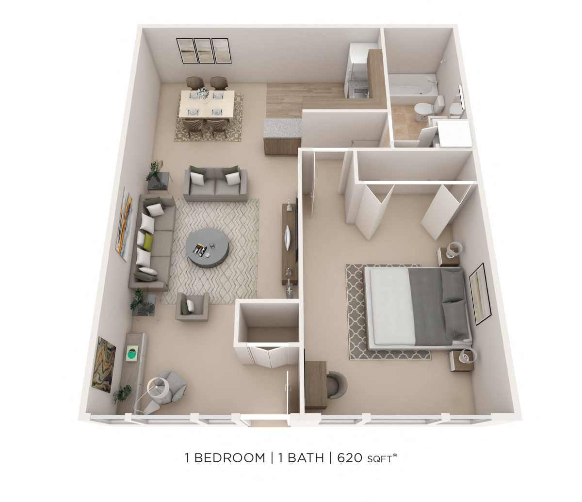 Floor plan for 1 bed, 1 bath, 620 sqft