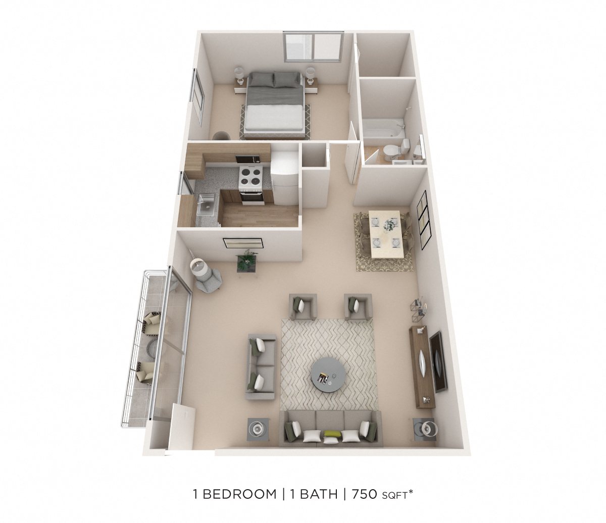 Floor plan for 1 bed, 1 bath, 750 sqft