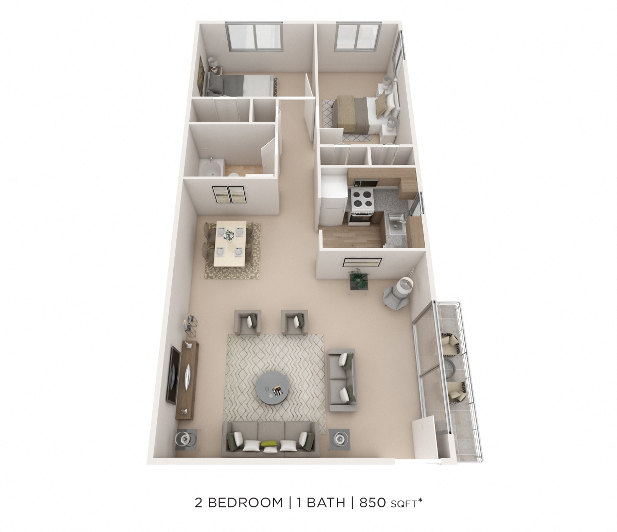 Floor plan for 2 beds, 1 bath, 850 sqft