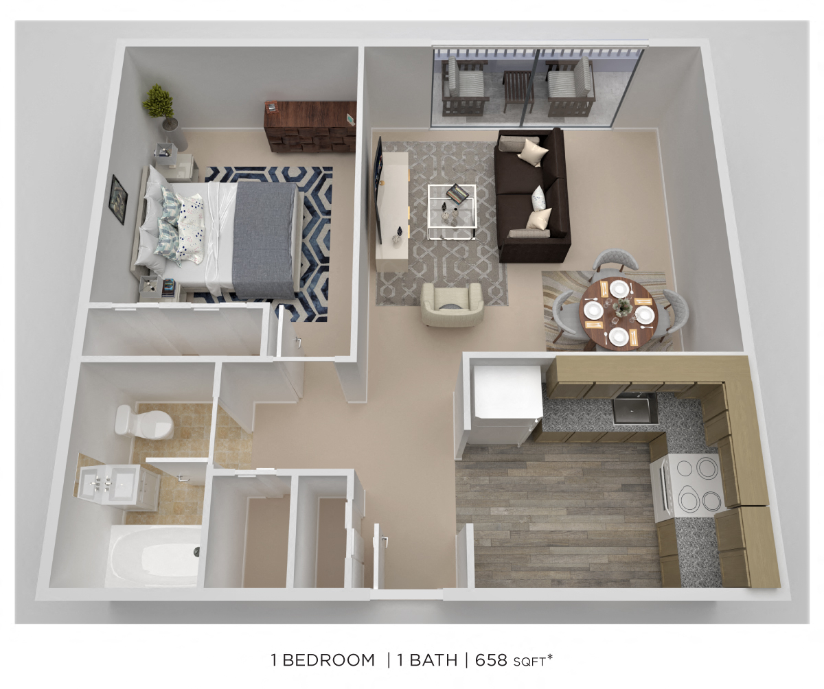 Floor plan for 1 bed, 1 bath, 658 sqft